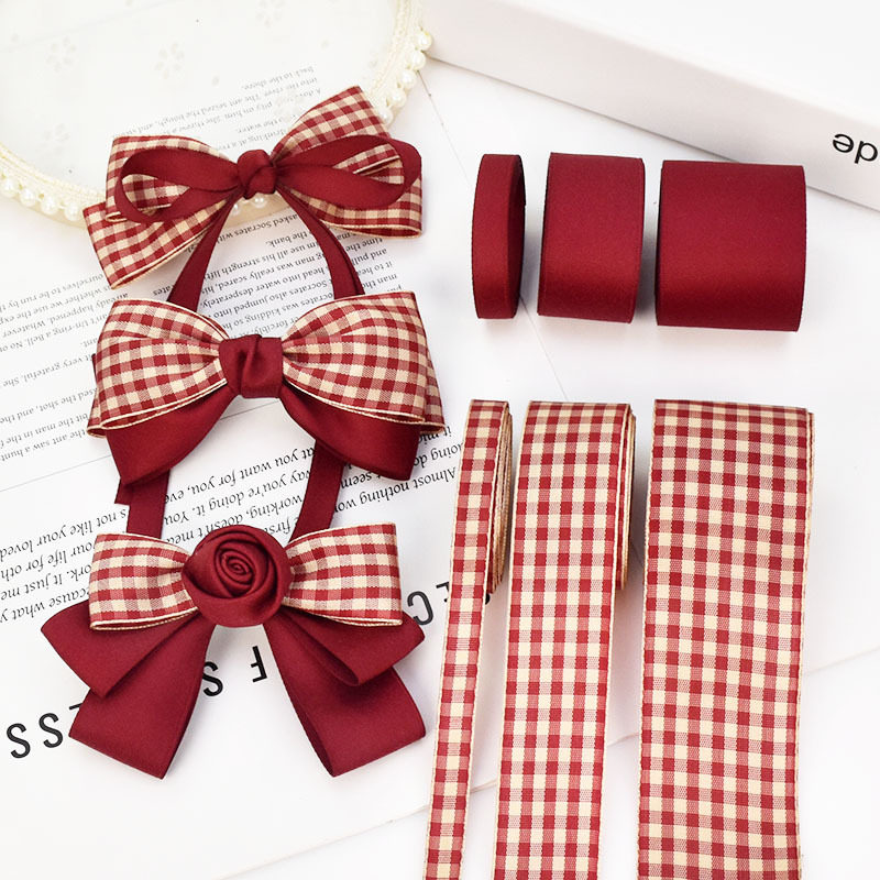 英伦风红格子布艺丝带发饰蝴蝶结