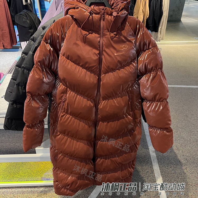 耐克女冬季长款亮面宽松棉服外套