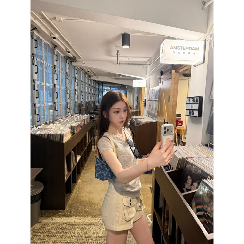 卡其工装大口袋高腰辣妹热裤