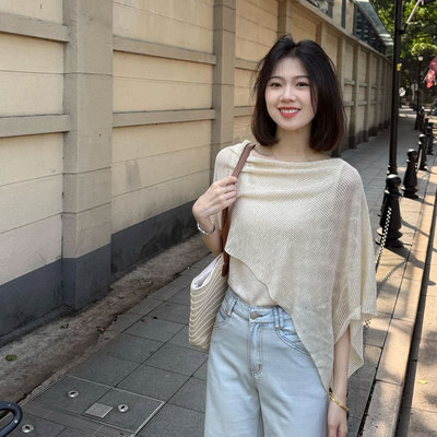 老钱风穿搭假两件冰丝短袖针织衫女秋季宽松轻薄透气斗篷披0913r