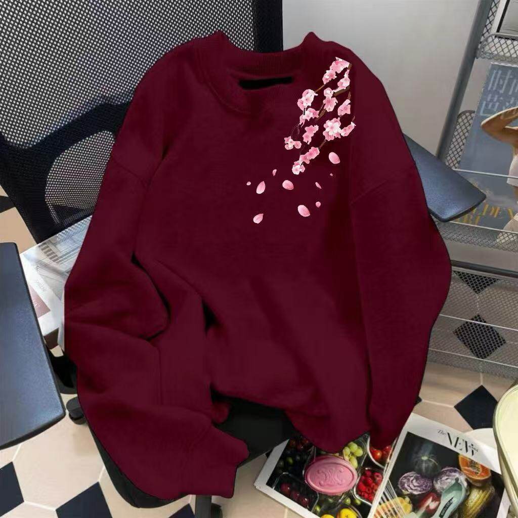 秋冬季美式花卉印花情侣卫衣重磅宽松加绒加厚圆领无帽卫衣