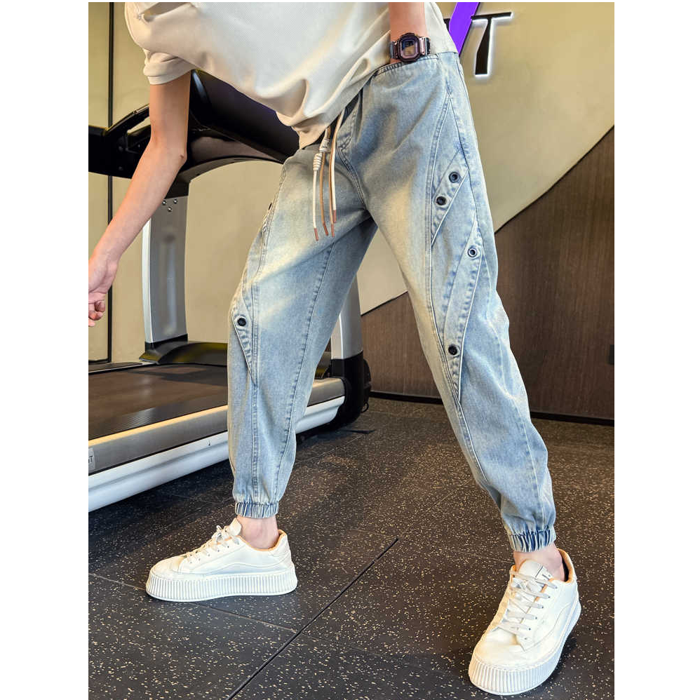 水洗牛仔裤男潮牌束脚哈伦男裤2026新款裤子潮牌设计感九分休闲裤