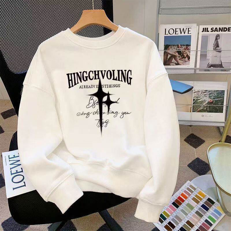 秋冬季新款美式潮牌无帽印花加绒打底卫衣男圆领宽松百搭帅气上衣