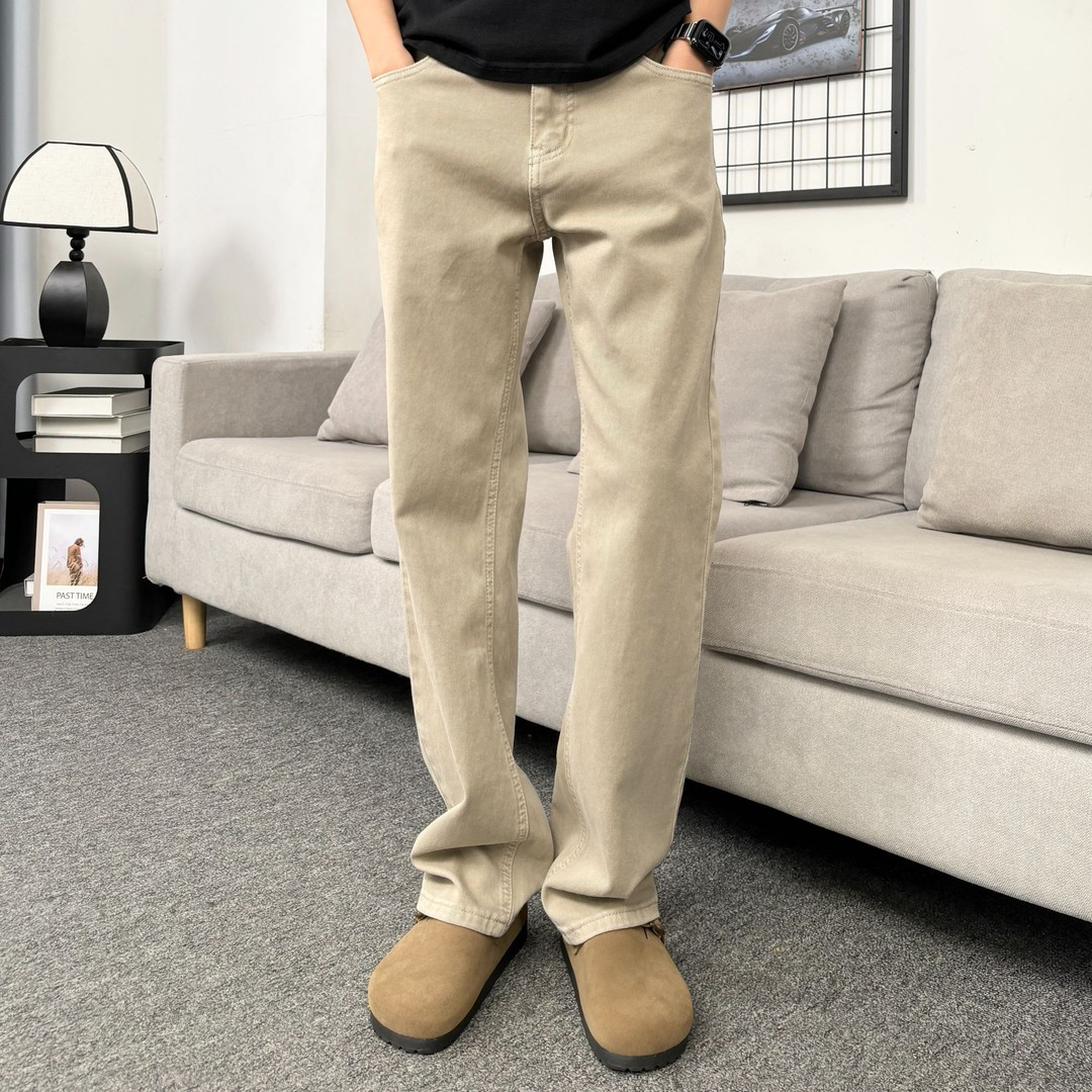 老钱风男士牛仔裤杏色春夏休闲合身直筒裤宽松奶卡潮流干净长裤男