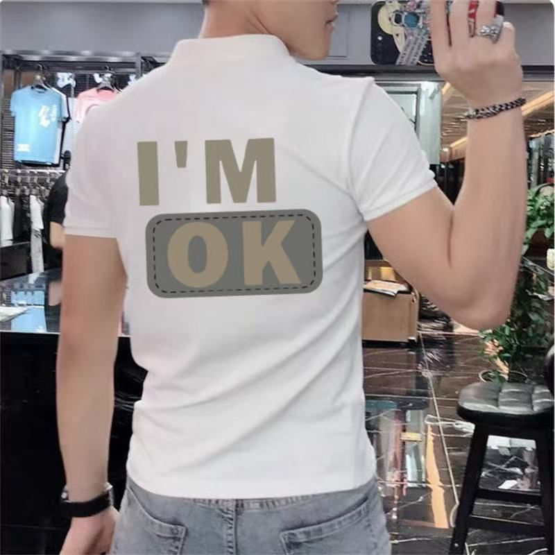 夏季英伦时尚休闲修身复古百搭韩版潮流印花翻领短袖POLO衫男衣服
