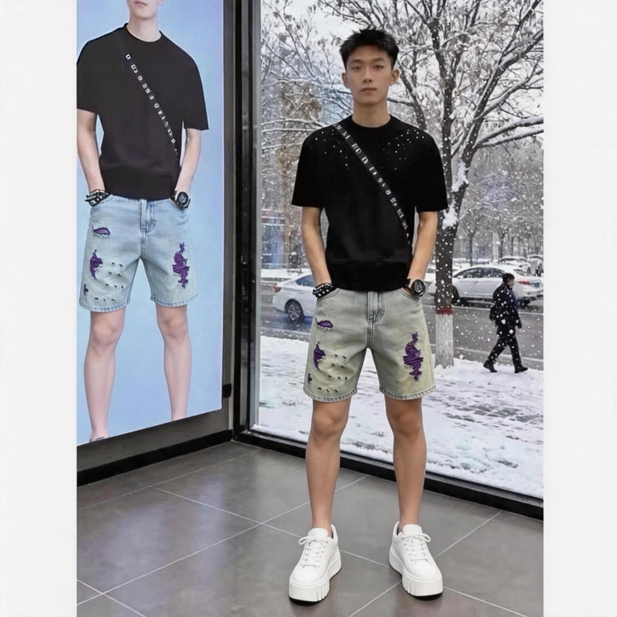 个性时尚休闲百搭破洞无弹力男士牛仔短裤2026夏季新款痞帅四分裤