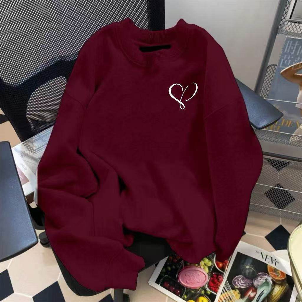 潮牌酒红色圆领套头卫衣高级感爱心印花加绒新款衣服宽松外套大码