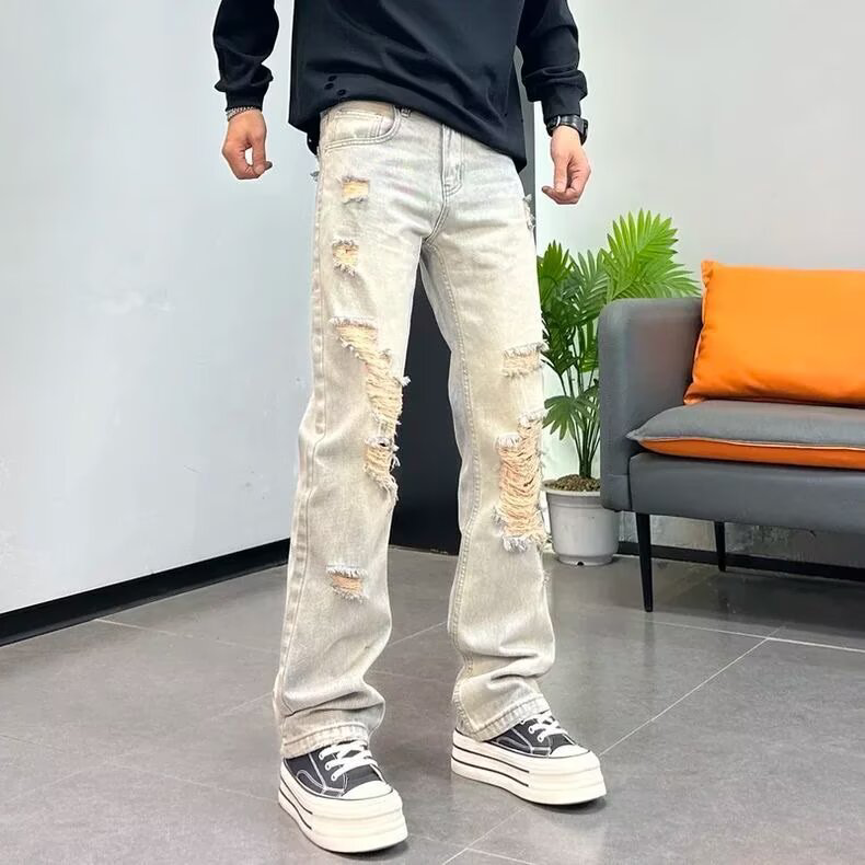夏季男士破洞牛仔裤新款辣妹炸街乞丐水洗直筒裤子设计感小众长裤