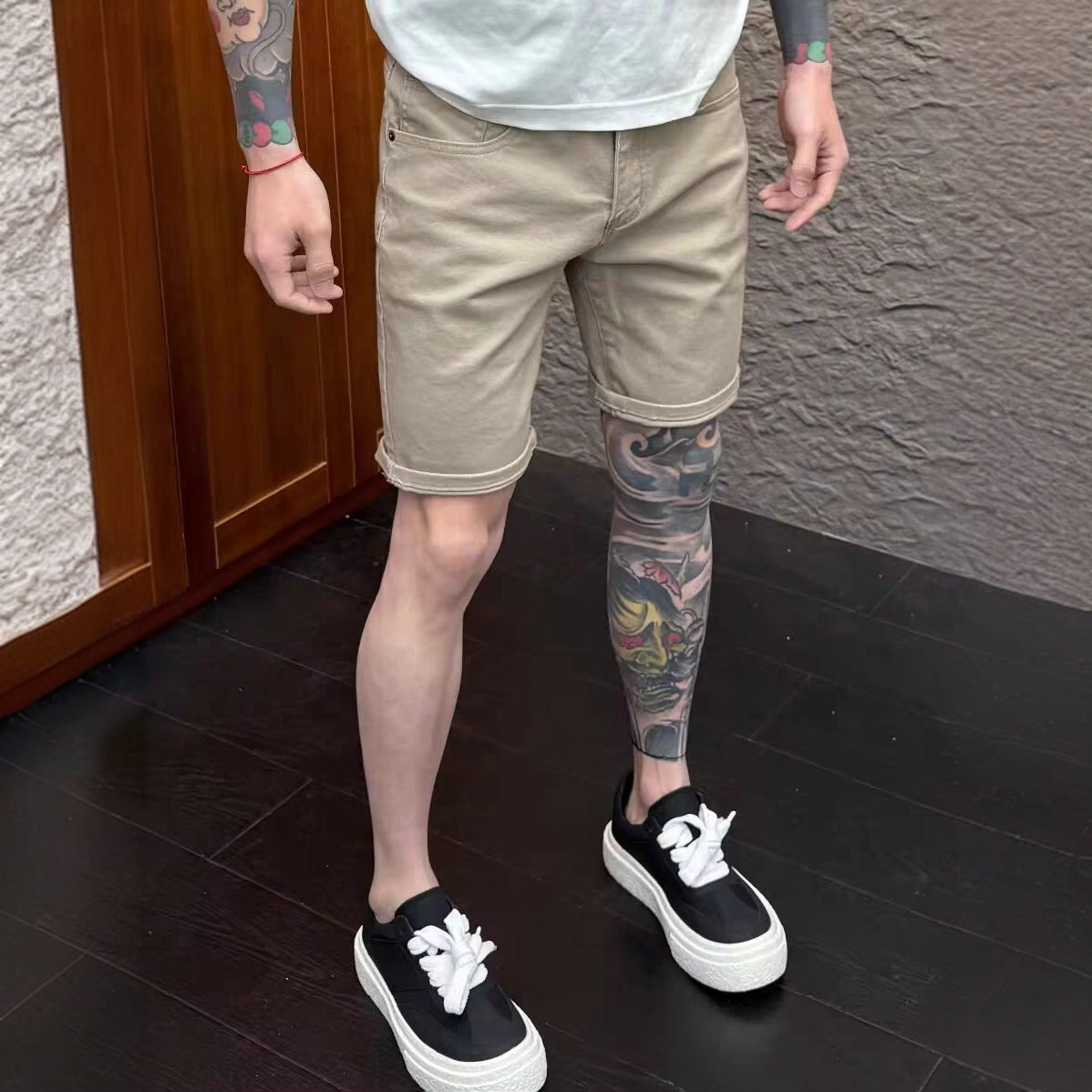 卡其色牛仔短裤男修身小直筒2026夏季新款韩版简约净版休闲五分裤