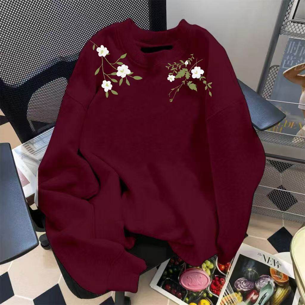 花朵印花情侣卫衣重磅宽松美式藤蔓百合男女加绒加厚圆领无帽卫衣