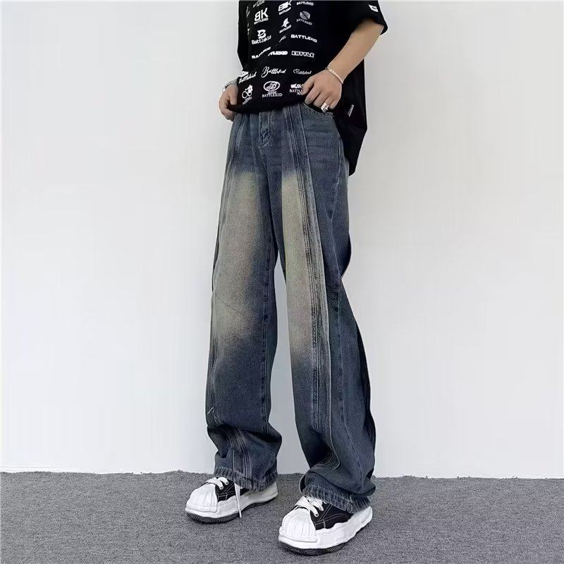 cleanfit美式复古解构拼接牛仔裤男生穿搭高级感裤子微喇叭直筒裤