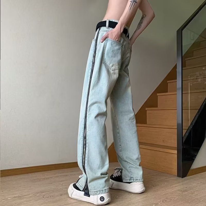 侧边拉链牛仔裤男美式高街设计感开叉直筒裤港风潮牌ins痞帅长裤