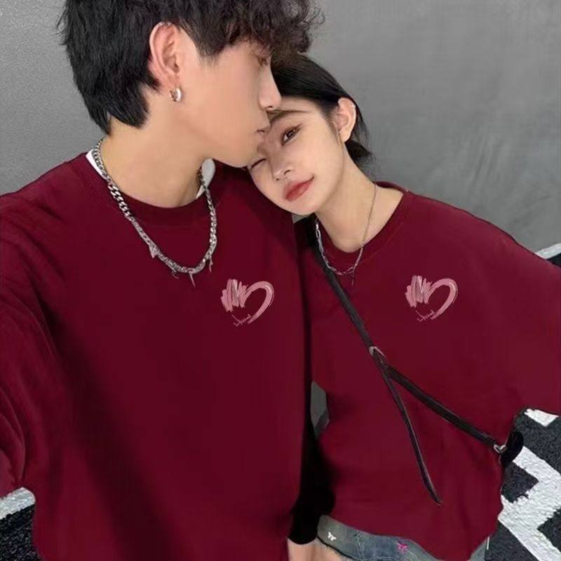 情侣装卫衣春秋款高级感领酒红色圆领外套冬季加绒加厚潮牌打底衫