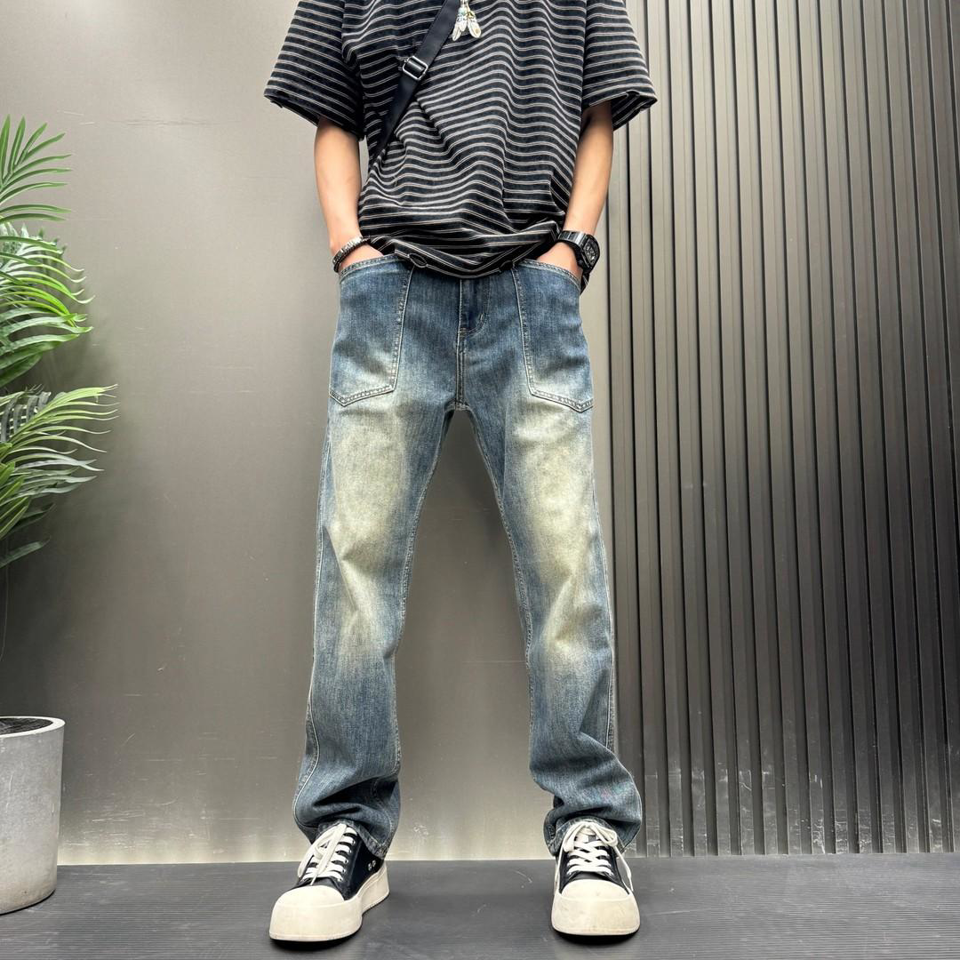 男士新款夏季宽松百搭牛仔裤磨白显瘦休闲长裤子复古拼接直筒裤简