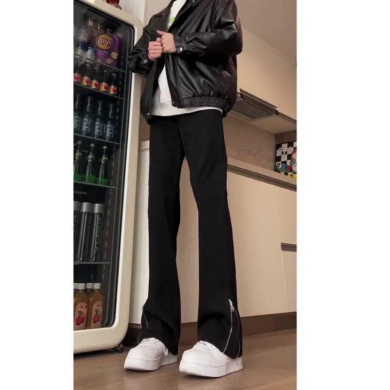 黑色侧拉链牛仔裤男夏季薄款高个子美式高街vibe裤子不贴腿微喇裤