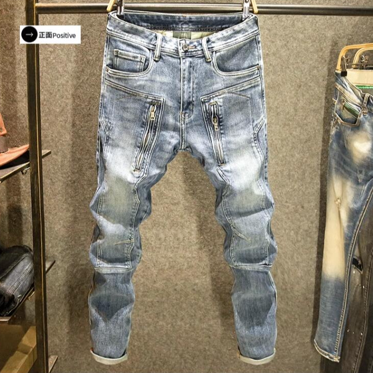 男士个性拼接牛仔裤潮牌机车多口袋小脚裤高街时尚百搭修身长裤子