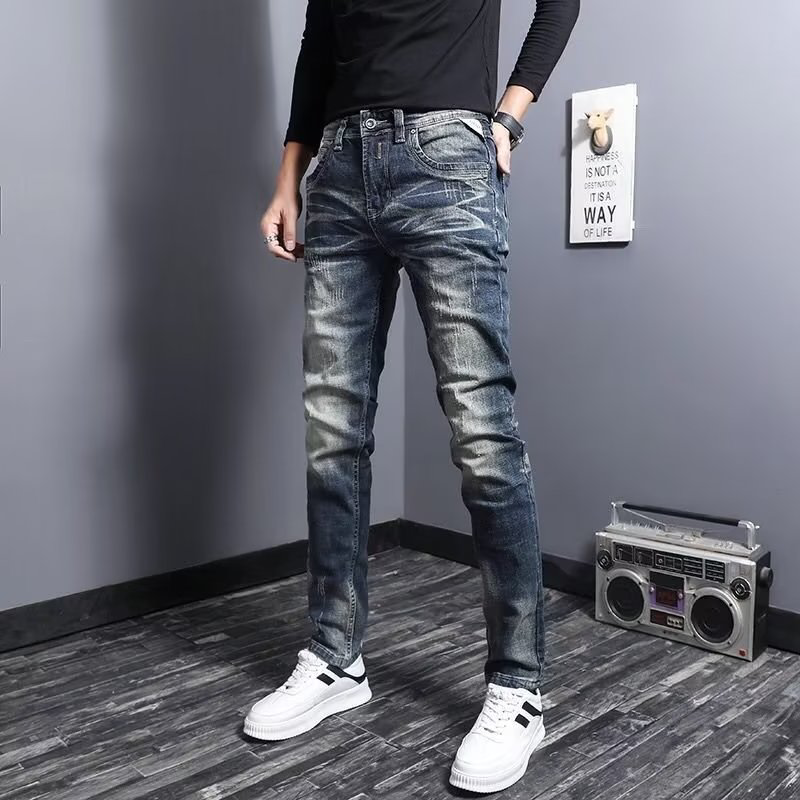 春秋复古韩版经典猫须牛仔裤男修身小脚弹力直筒青年男生裤子潮流