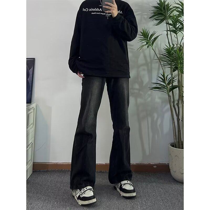 黑色渐变牛仔裤男款秋季美式高街复古做旧直筒裤潮牌宽松微喇裤子