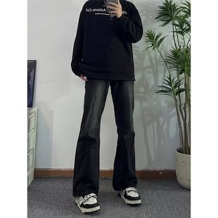 黑色渐变牛仔裤男款秋季美式高街复古做旧直筒裤潮牌宽松微喇裤子
