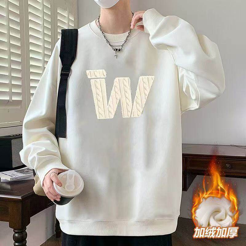 圆领卫衣男冬季美式高街潮牌大码宽松加绒慵懒风印花无帽长袖衣服