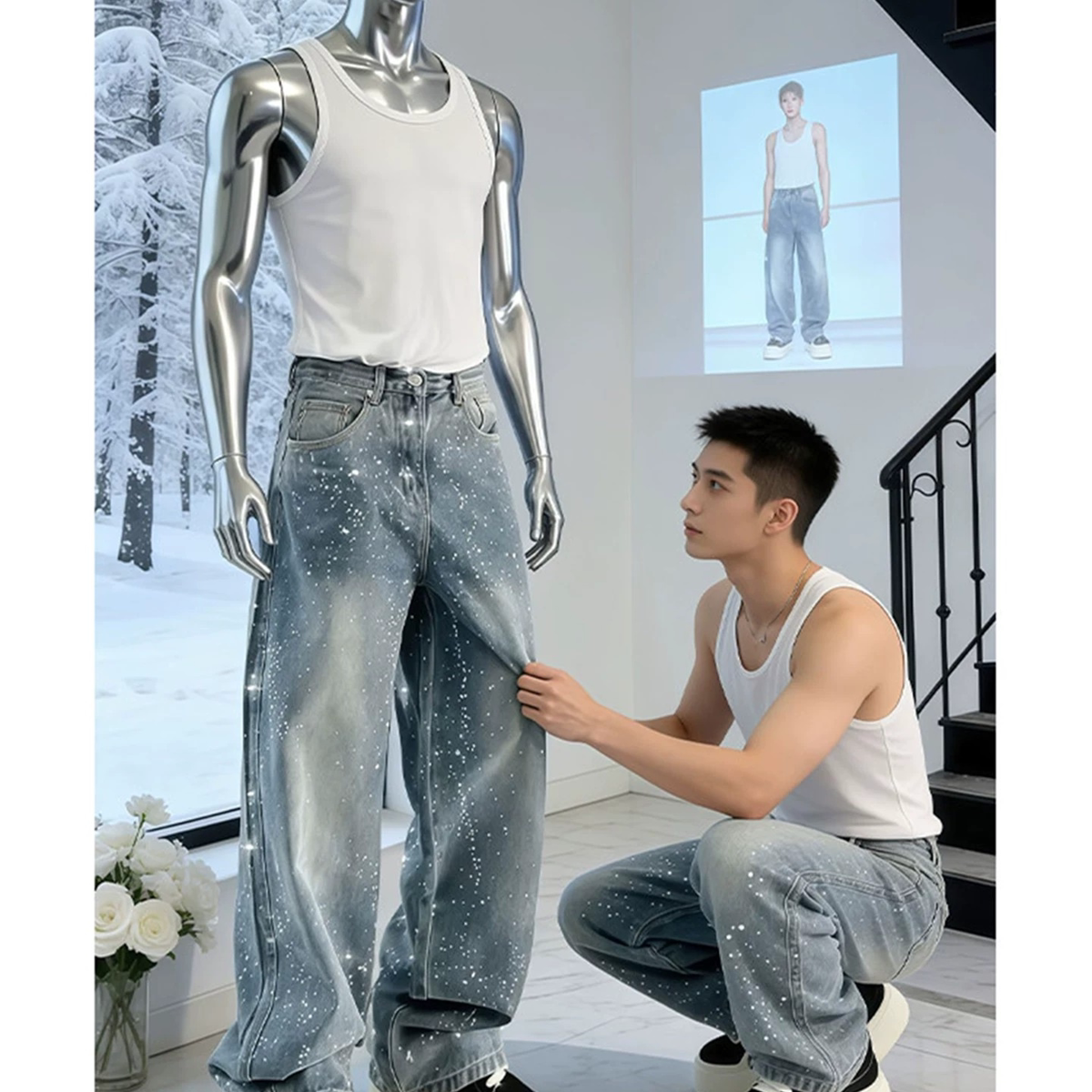 美式高街烫钻牛仔裤男款高级感满天星阔腿裤子潮牌裤子男款四季图片