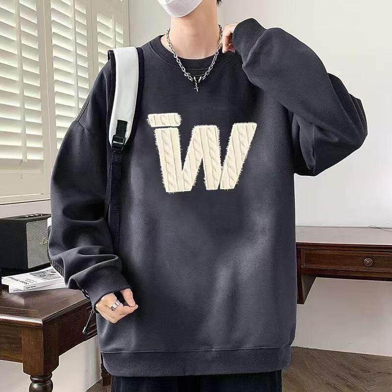 圆领卫衣男冬季美式高街潮牌大码宽松加绒慵懒风印花无帽长袖衣服