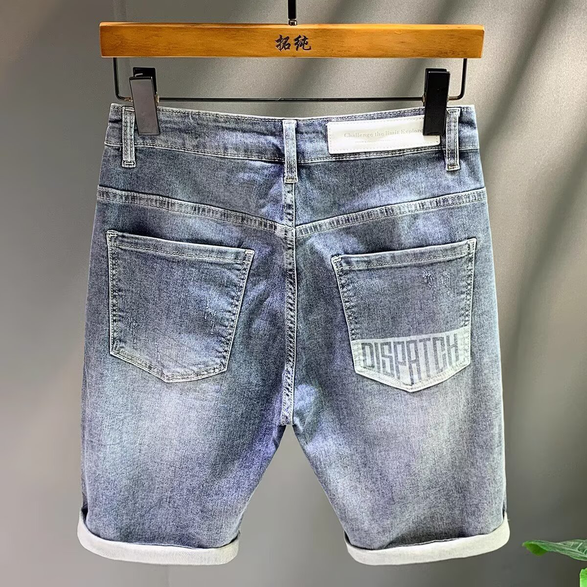 夏季个性印花刮烂牛仔短裤男款时尚潮流休闲五分裤痞帅浅蓝色中裤