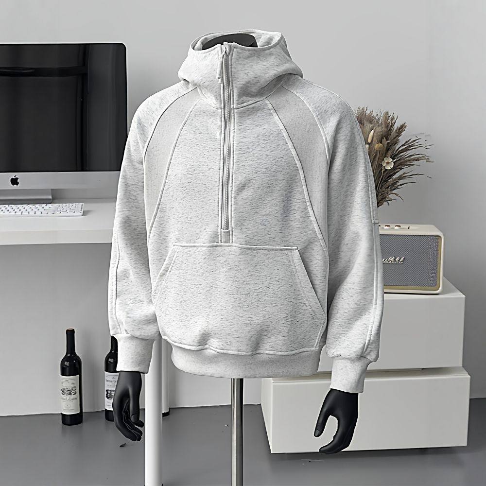 美式半拉链立领卫衣男款秋季小众加厚外套春秋款男重磅硬挺连帽衫