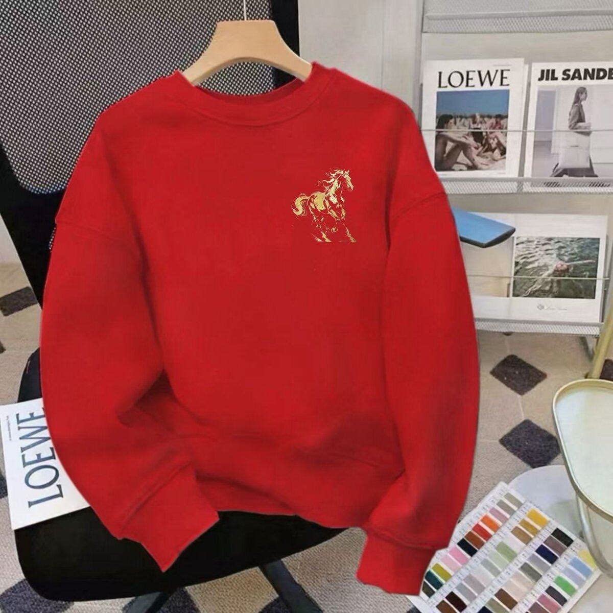 2026新年马年红色加绒卫衣秋冬男士本命年圆领新款喜庆上衣