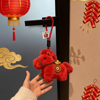 红色小马挂件新年元旦毛绒包包玩偶挂饰钥匙扣高级感本命年装扮