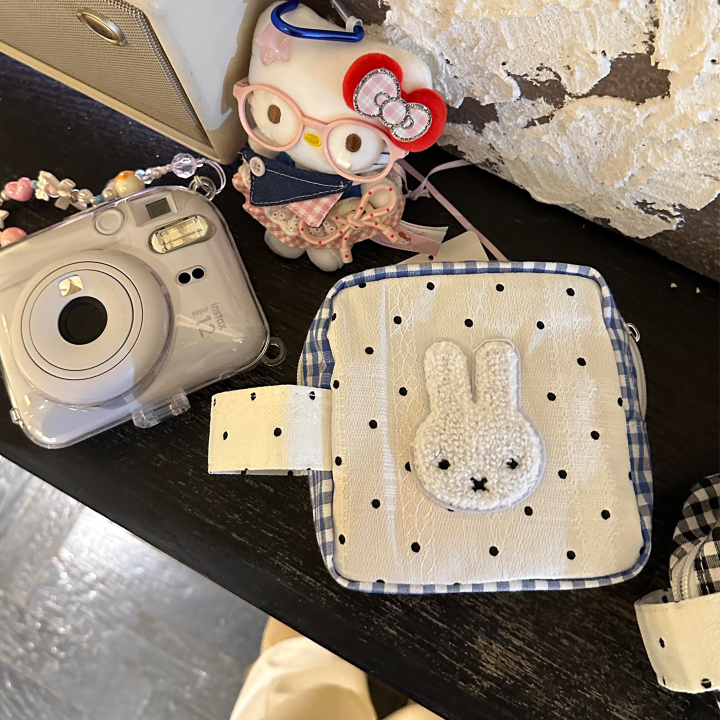 波点兔子拍立得相机收纳包便携小方包化妆包照片胶片杂物手拎包