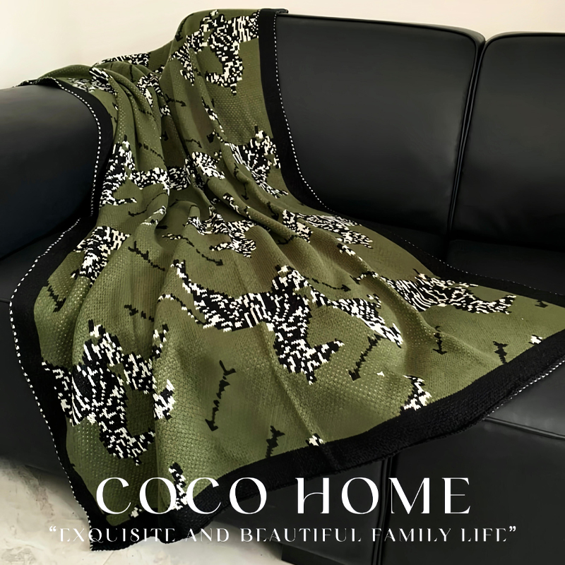 复古绿色斑马沙发毯子冬季加厚午睡卧室办公室披肩毯子两用针织毯