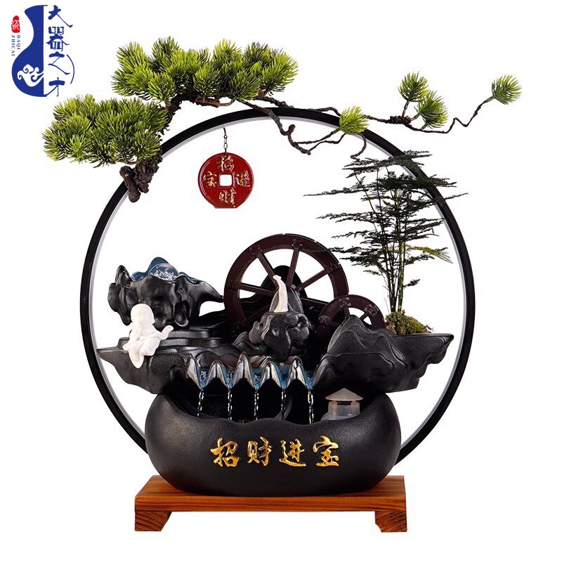 大师艺术高端新中式创意招财流水循环摆件水车风水轮客厅办公室桌