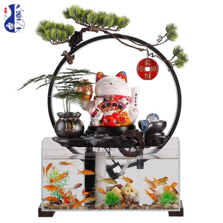大师艺术高端新中式创意招财猫流水摆件客厅办公室装饰品桌面鱼缸