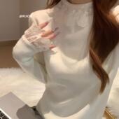 针织衫 法式 上衣女 蕾丝拼接翻领竖纹长袖 修身 氛围感2026春季 新款