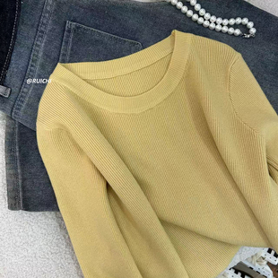 套头针织衫 韩系慵懒风圆领竖纹纯色短款 上衣内搭女 新款 2025秋季
