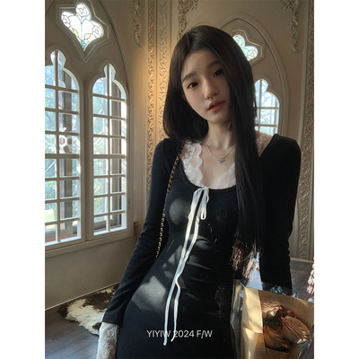 YYW汪澜的妹妹 冬夜迷雾 蕾丝拼接蝴蝶结鱼尾连衣裙温柔内搭长裙