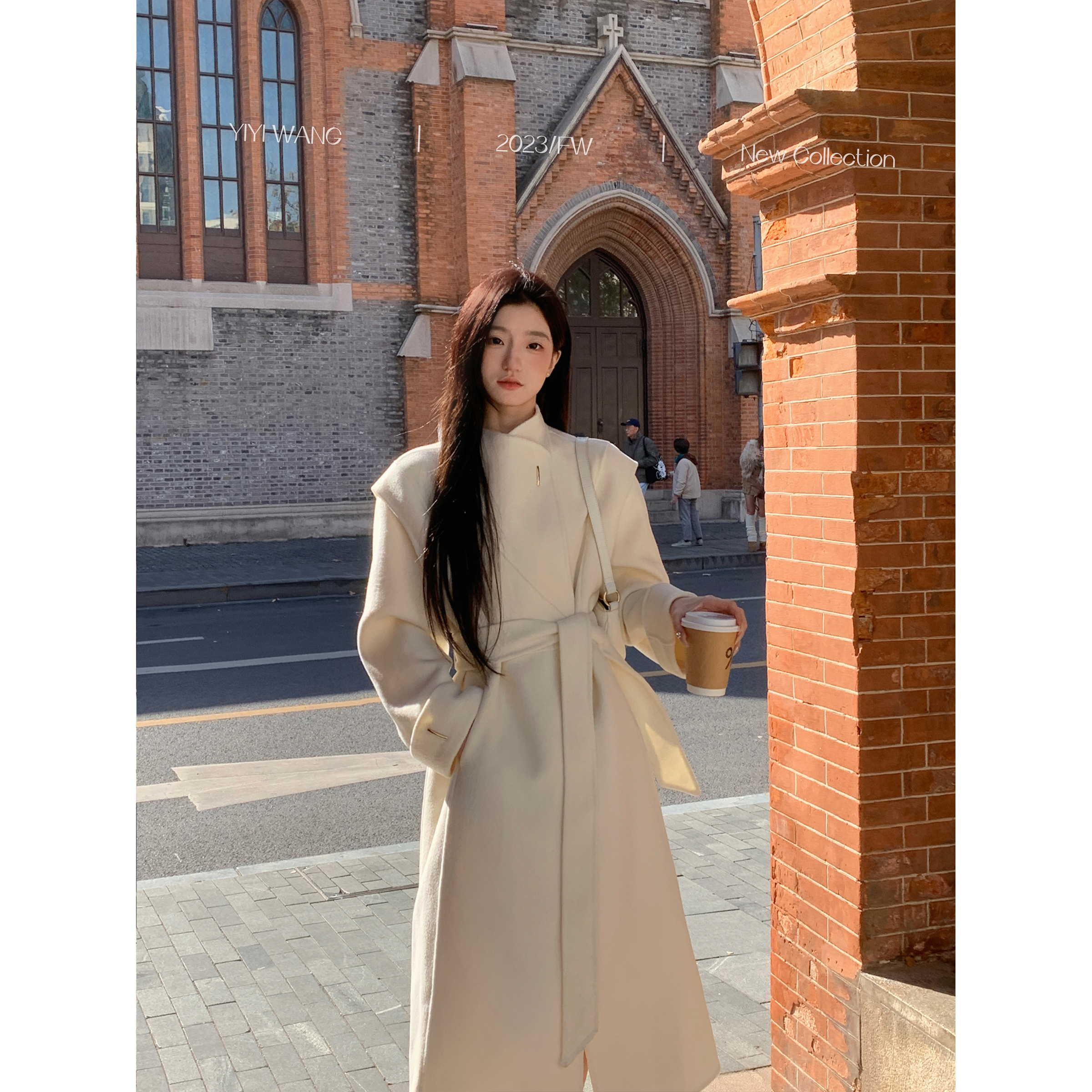 YIYIWANG白色收腰双面尼大衣