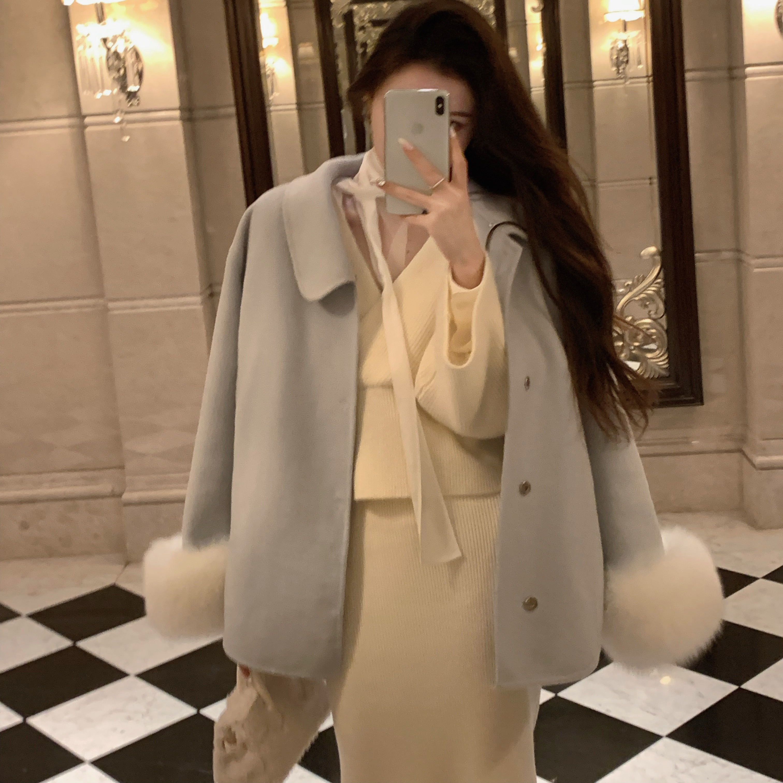 【现货6折返场】 可拆卸毛领蓝色羊毛双面呢大衣女毛茸茸外套