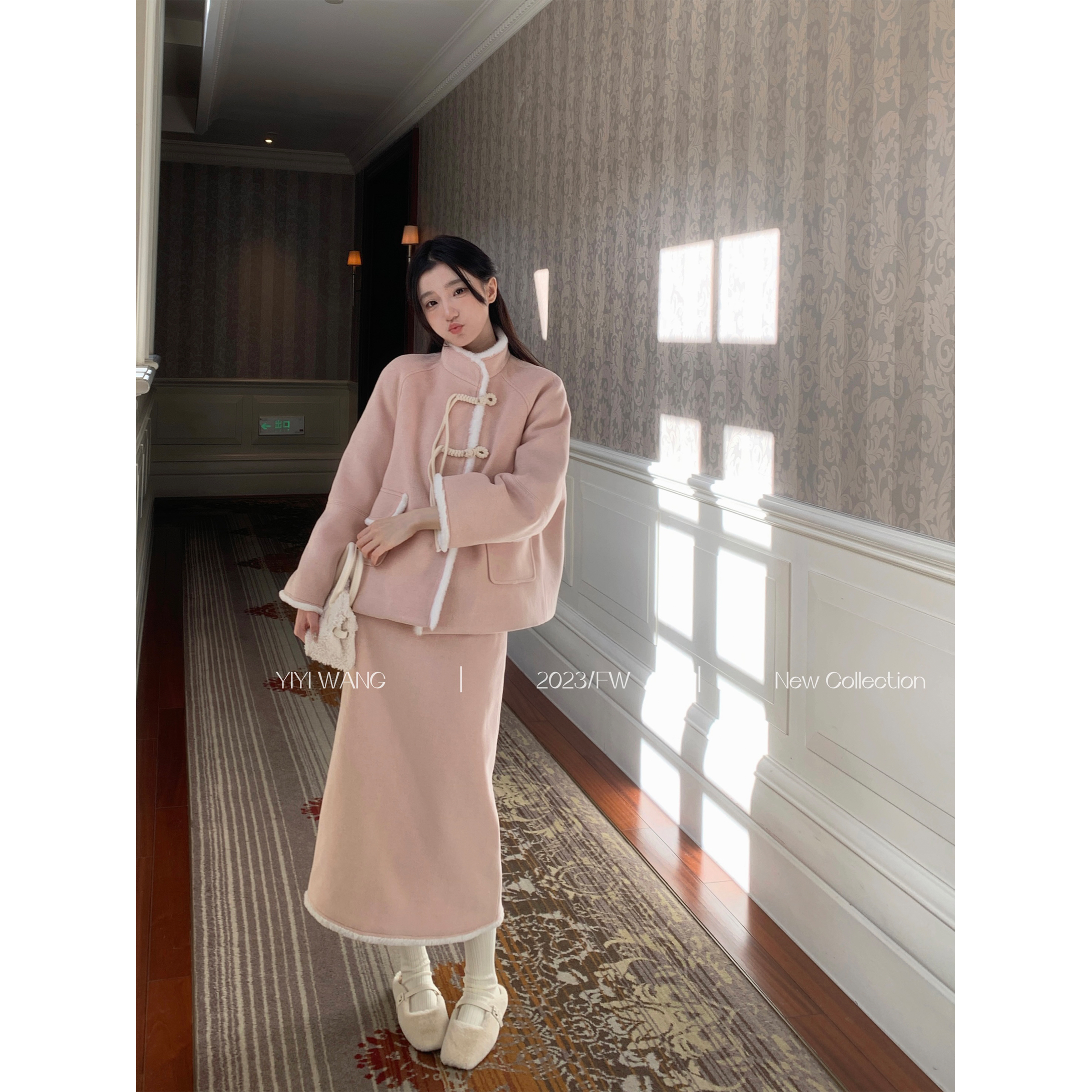 YIYIWANG粉色新中式毛呢两件套