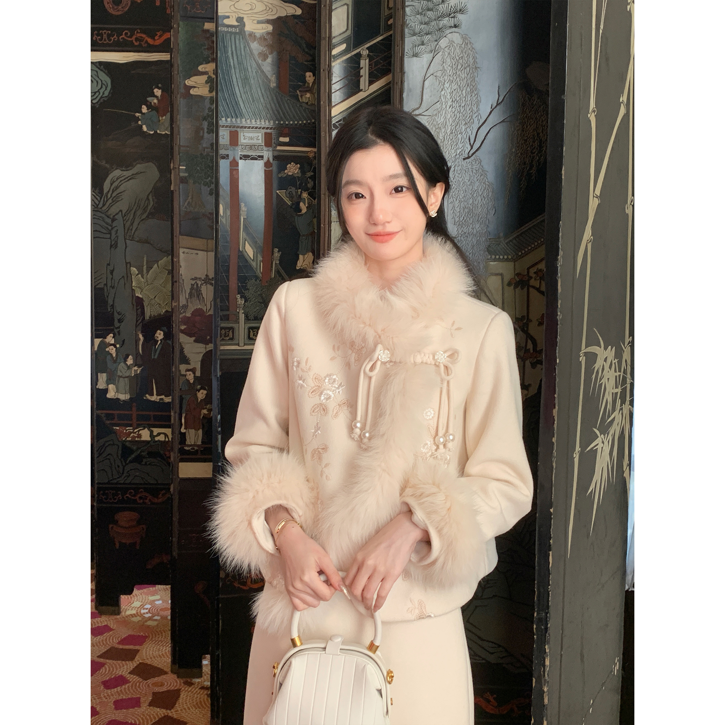 YIYIWANG毛呢气质开叉半身裙套装