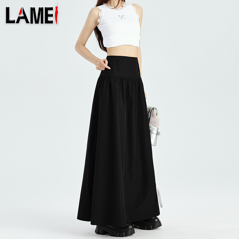 thumbnail for American retro black skirt, women's high-end suit skirt, mid-length high-waisted umbrella skirt, thin A-line long skirt