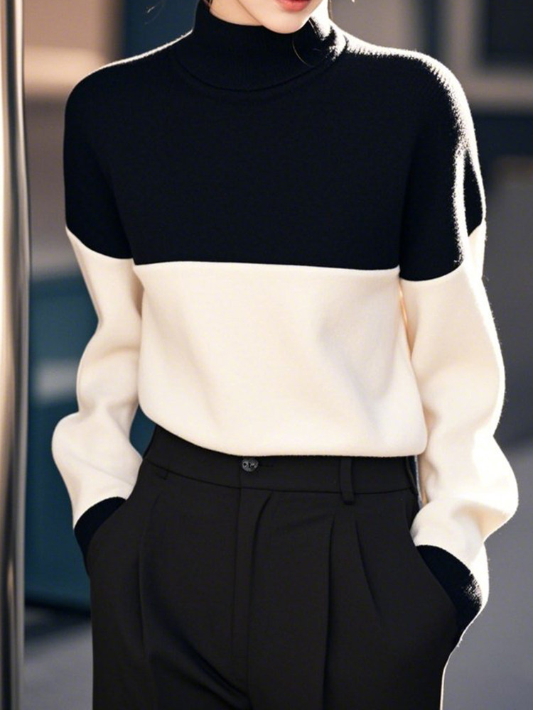 겨울 흑백 대비 컬러 니트 내부 레이어링 스웨터 푸푸 게으른 스타일 가을 겨울 여성을 위한 고급스럽고 멋진 스웨터