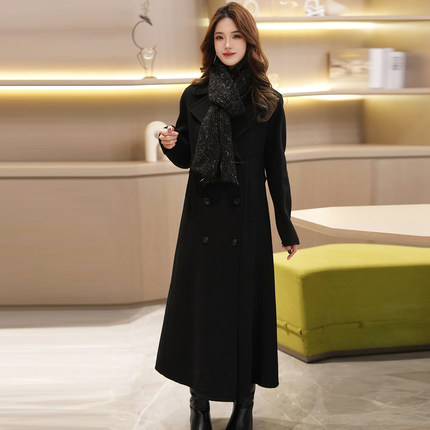 Linda大姐姐 轻熟风羊毛呢长款大衣女黑色翻领高端气质修身外套