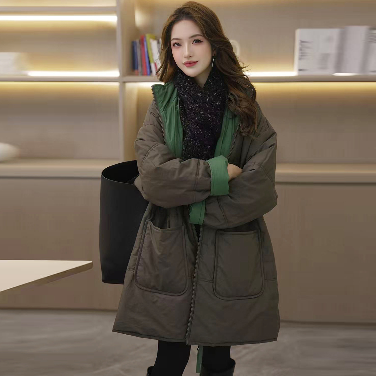 双面穿中长款撞色棉服外套