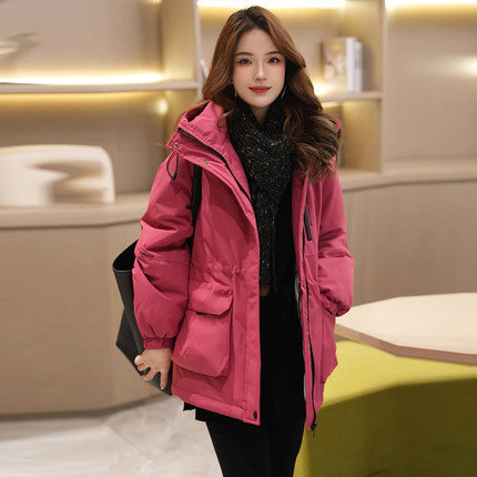 Linda大姐姐 工装风连帽棉服女中长款宽松显瘦大口袋棉衣外套冬季