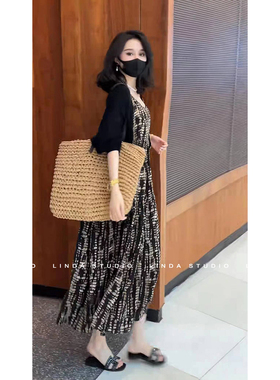 【Linda姐高端线】黑色印花宽松吊带背心连衣裙女夏季AS4LDD0458