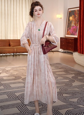 【Linda姐高端线】夏季新款时尚V领百搭收腰过膝连衣裙AS5LYH0754