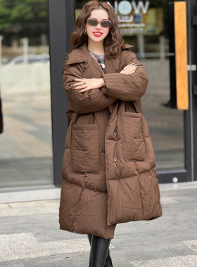 Linda大姐姐 休闲长款羽绒服女茶褐色宽松白鸭绒保暖加厚冬装外套