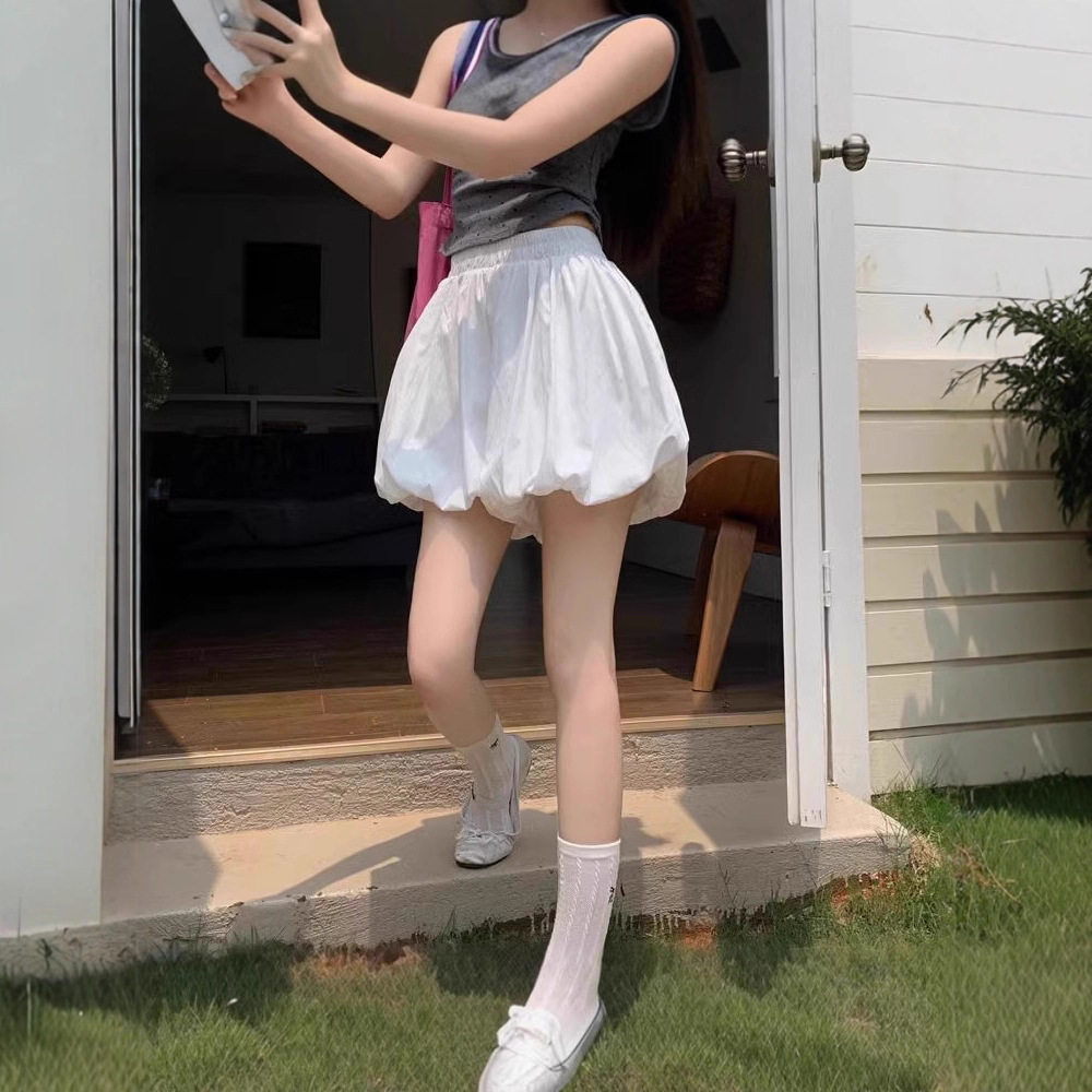 夏季小个子高腰显瘦休闲裤设计感蓬蓬花苞裙裤女阔腿裤a字短裤子